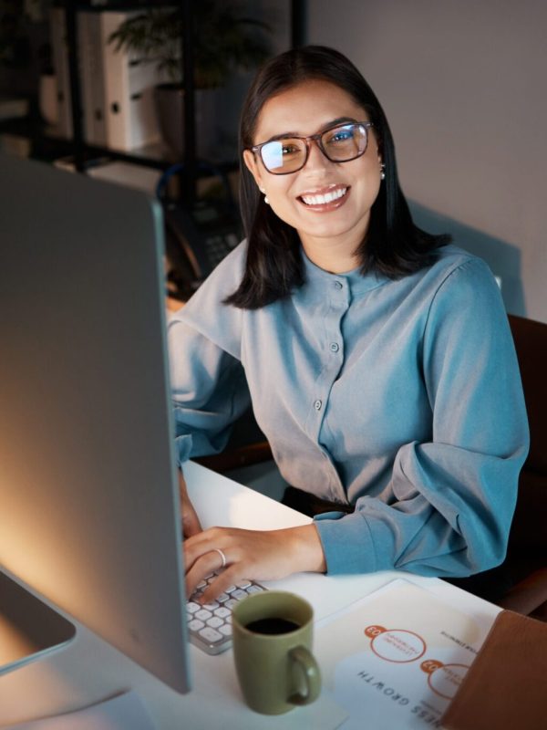 Cyber, hacker or business woman with computer for futuristic cybersecurity, research or blockchain .