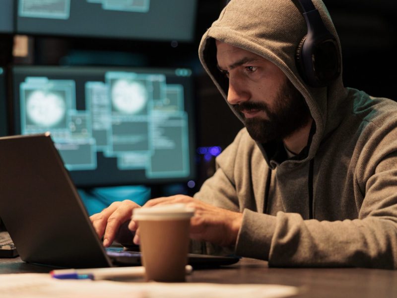 Hacking thief breaking through cyber security server and stealing big data on multiple monitors. Hacker with hood using audio headset and causing computer and system malware with virus.
